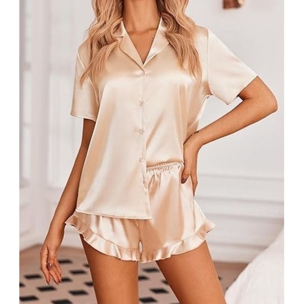 Ekouaer Women's Satin‎ 2pc Short Sleeve Pajamas Shorts Set - Champagne - Large